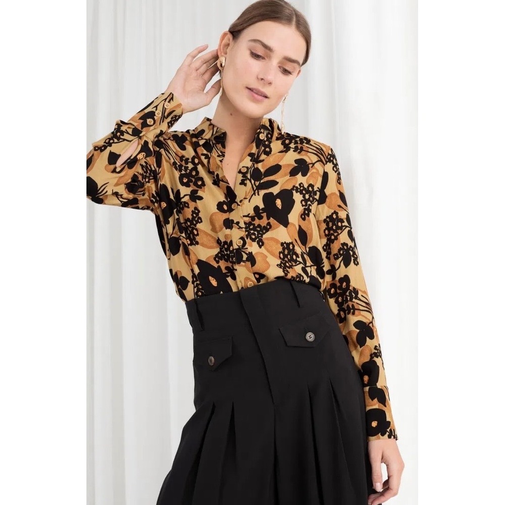 & Other‎ Stories Relaxed Fit Floral Button Up Brown Black Size 2 Boho Chic